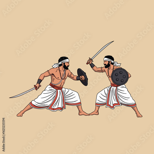 Martial arts training with swords and shields in traditional indian attire demonstrating combat techniques