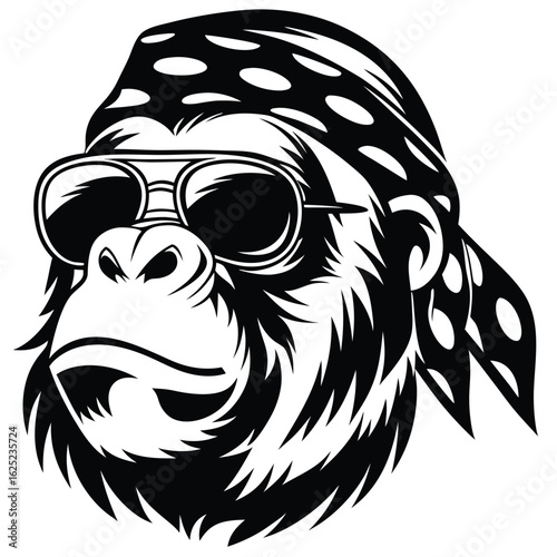 A stylized gorilla head wearing sunglasses and a bandanna is featured in monochrome