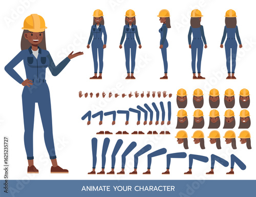 Female worker wearing blue jumpsuit Character Constructor – Flat Design Vector Kit with Poses and Facial Expressions for Animation and Explainer Videos