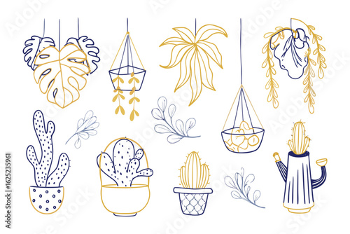 Elegant Botanical Line Art: A set of simple, elegant line art illustrations featuring a variety of lush potted plants and hanging planters in a stylish hand-drawn aesthetic.