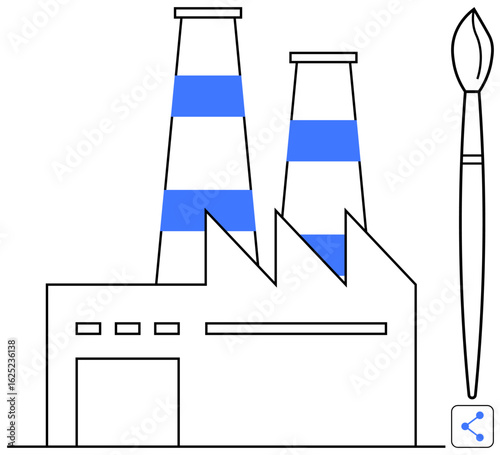 Factory building with two striped smokestacks next to a paintbrush. Ideal for industry, creativity, innovation, design, production, manufacturing, sustainability, simple landing page