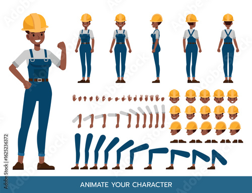 Women construction worker wear blue repairman apron Character Constructor – Flat Design Vector Kit with Poses and Facial Expressions for Animation and Explainer Videos