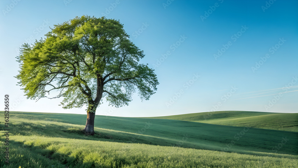 A lone tree in an open green field under a blue sky A lone tree in an open green field under a blue sky
