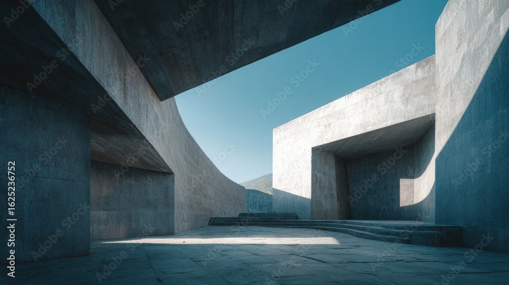 Obraz premium Exterior of an abstract architectural marvel with interlocking concrete volumes and bold geometric angles