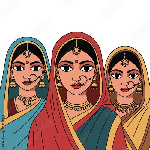 Three indian women wearing traditional saree outfits and jewelry in a detailed illustration