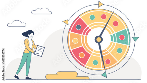 Woman with a clipboard standing next to a large colorful clock with arrows and cloud background