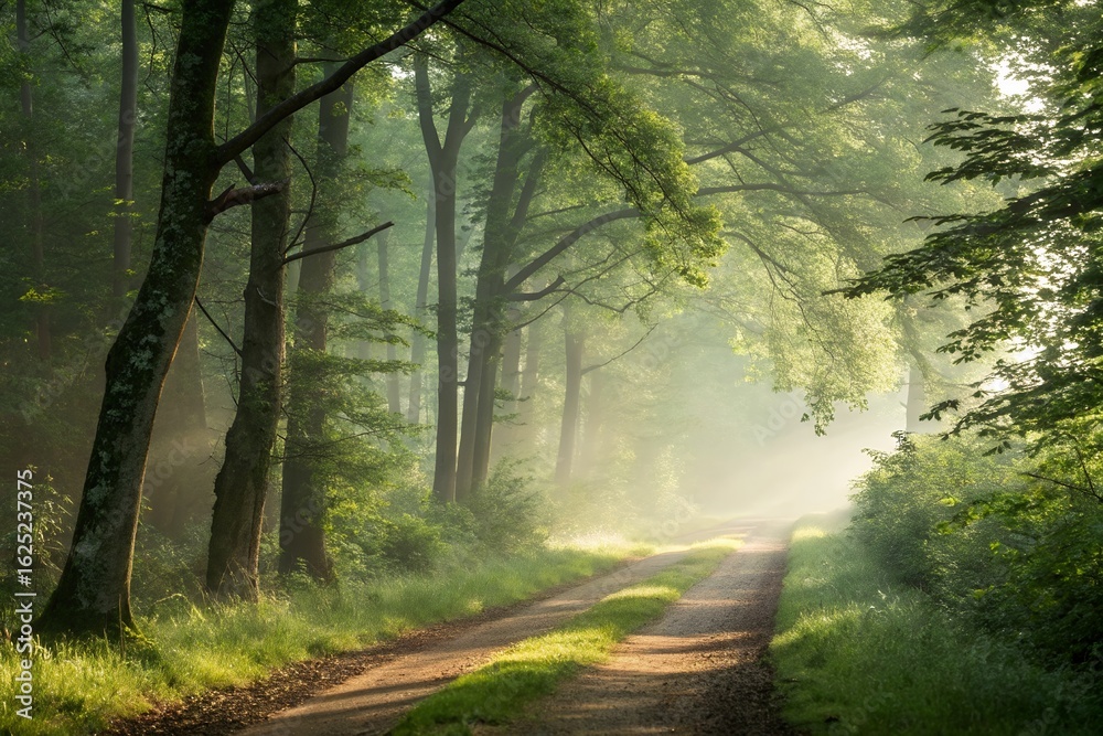 Obraz premium A path through a dense forest with sunlight filtering through the trees creating a misty atmosphere