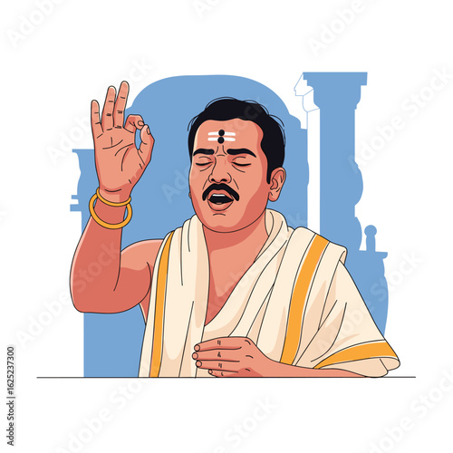 Hindu priest performing a sacred ritual with eyes closed and chanting ancient mantras with devotion