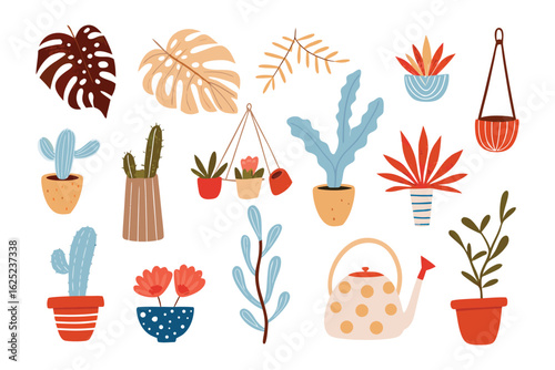 Botanical Collage: An artful collection of various potted plants and individual leaves, showcasing diverse botanical elements in a visually appealing manner. 