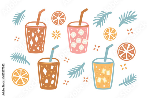 Refreshing Drink Delight: A colorful array of refreshing beverages with ice cubes, straws, and artistic decorations, offering a vibrant display of summer coolness.