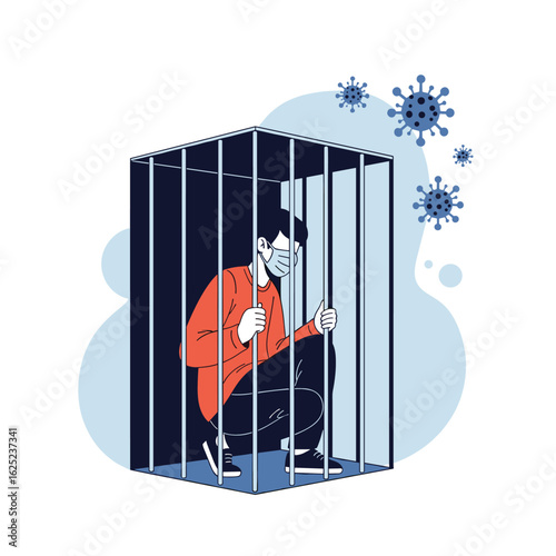 Person inside a cage with viruses surrounding illustrating social distancing concept during pandemic