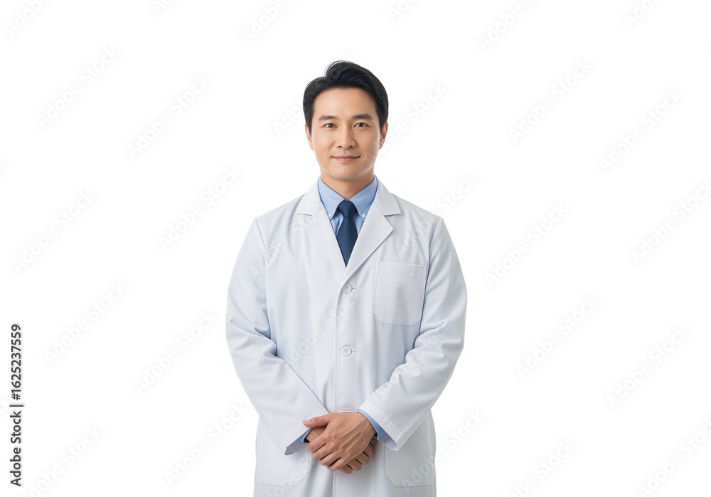 Confident Asian Doctor in White Coat Isolated on White Background Confident Asian Doctor in White Coat Isolated on White Background