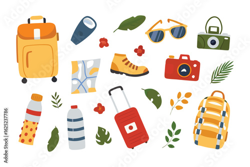 Travel Essentials: A curated collection of travel essentials, including luggage, sunglasses, cameras, and maps, embodies the spirit of exploration and adventure, ready for journey.