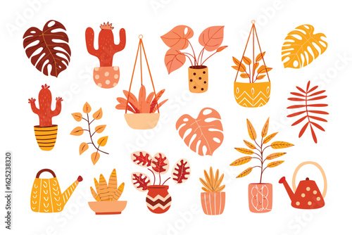 Home Plants Collection: A vibrant illustration of various indoor house plants in a warm and inviting style, perfect for adding a touch of natural beauty and coziness to any interior space.