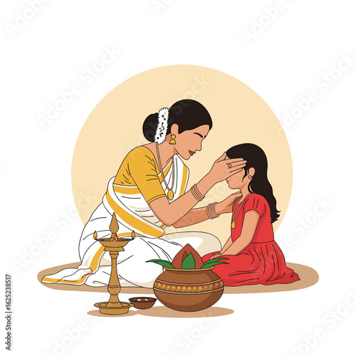 A mother applies tilak to her daughter's forehead during a traditional indian ceremony