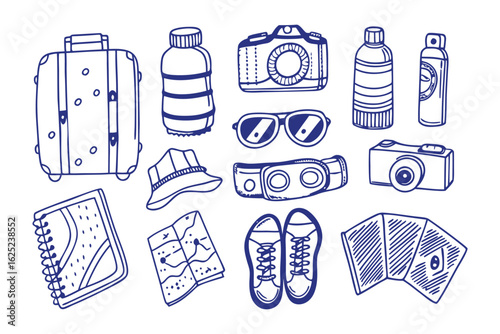 Travel Essentials: An array of travel essentials, hand-drawn with meticulous detail, inviting exploration and anticipation of adventure, travel and exploration. 