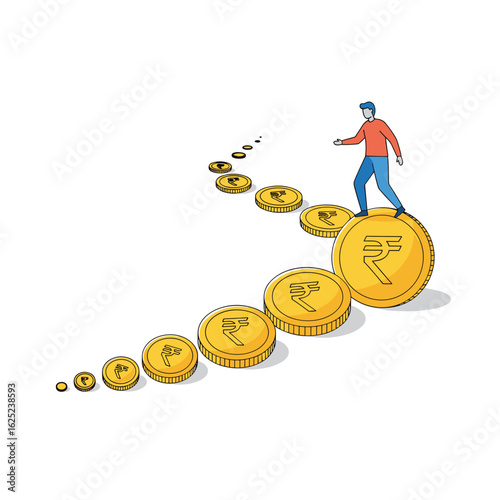 Man walking upward staircase made of indian rupee coins for financial growth