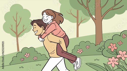 A happy couple enjoying a piggyback ride in a park with trees and flowers on a sunny day illustration