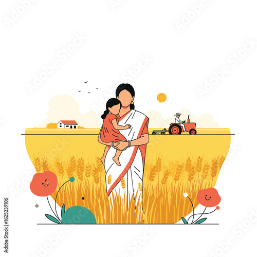 A rural mother holds her child in a wheat field with a tractor in the background