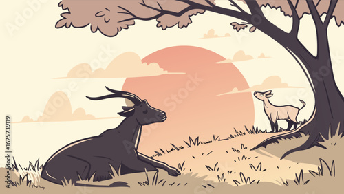 A cartoon illustration of a resting antelope and a dog near a tree at sunset in a peaceful landscape