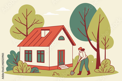 Chop wood near a traditional Russian dacha, modern flat illustration style