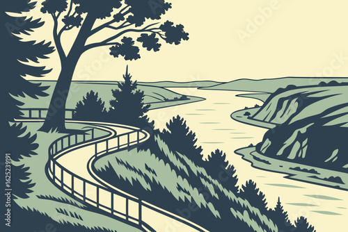 Climb a scenic overlook above the Missouri River in North Dakota, modern flat illustration style