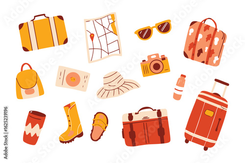 Travel Essentials: A vibrant collection of travel essentials, including luggage, a map, sunglasses, camera, hat, and other gear, ready for adventure.