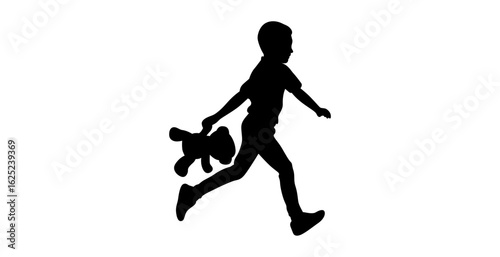 A dynamic silhouette of a child running while holding a teddy bear.