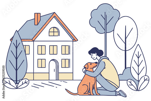 Cuddling a stray dog in a small town in Ukraine, modern flat illustration style