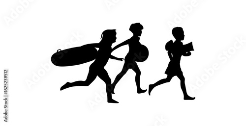 Silhouette of three children running, one carrying a surfboard, another objects, suggesting a playful, active, and carefree summer day.