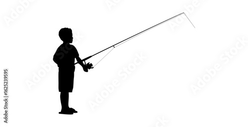 A side view silhouette of a young boy fishing, highlighting the simple joy of the activity.