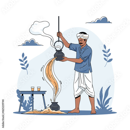 Indian man pouring hot beverage from a pot into cups with steam rising creating a dynamic visual