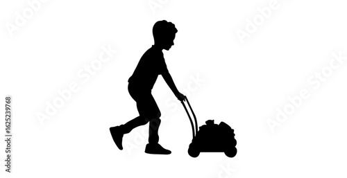 Silhouette of a child pushing a lawnmower, highlighting childhood chores.