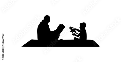 A captivating silhouette image of a grandfather reading a book to his grandson on a rug.
