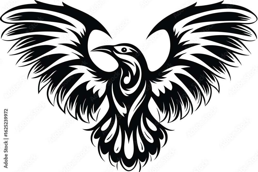 Fototapeta premium Detailed raven soars outward with spread wings in this symbolic black silhouette