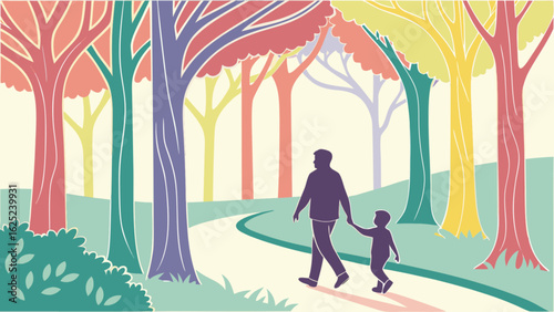 A father and son walking hand in hand through a colorful forest on a winding path together happily ever after