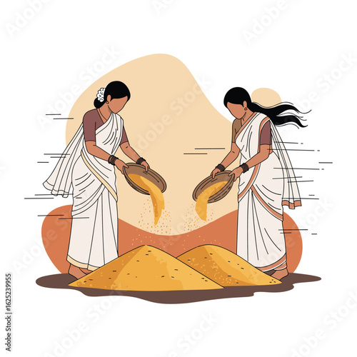 Two women sorting grains in traditional indian attire