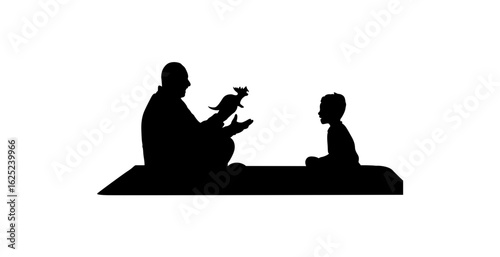 A simple silhouette of a father and child sitting on a mat, likely playing a game or engaging in storytelling.