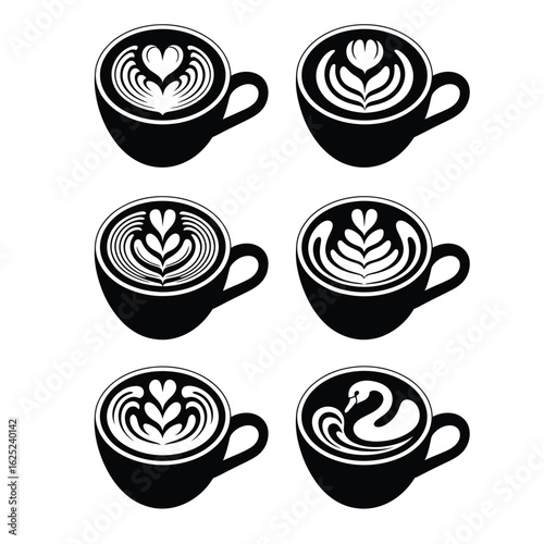 Black and white vector collection of latte art cups featuring heart, leaf, tulip, rosetta, swan, and wave patterns in mugs