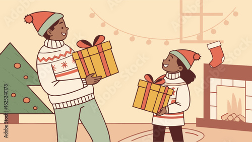 A father and daughter exchanging christmas gifts near a christmas tree and a fireplace indoors at home