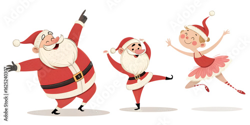 Merry Santa Claus with a Christmas elf and reindeer next to a decorated tree