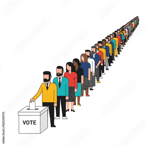 People waiting in a long line to cast their vote in an election at a polling station
