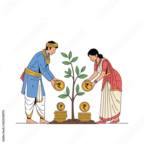 Indian farmers cultivating financial growth planting seeds of prosperity