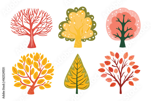 Decorative Tree Collection: A vibrant compilation of stylized trees showcasing unique leaf structures and bold colors, perfect for adding a touch of nature's artistic flair to any project.