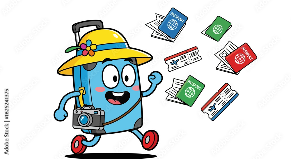 Fototapeta premium Playful Vector SVG Icon Set with Cartoon Character and Passport Illustrations in Flat Design Style