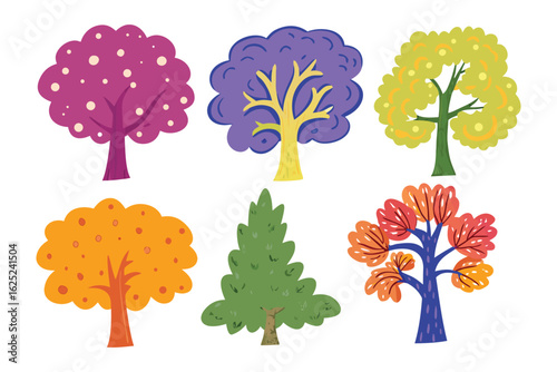 Colorful Trees Collection: A vibrant collection of stylized trees in an array of colors, each with a unique shape, offering a cheerful depiction of arboreal beauty. 