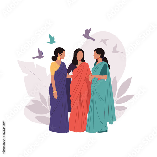 Three women standing together discussing ideas and sharing knowledge