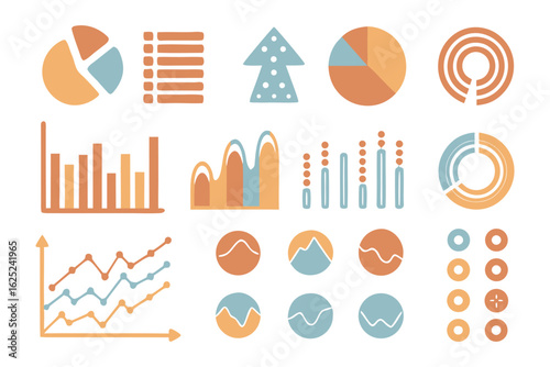 Data Visualization Elements: A comprehensive collection of data visualization elements and infographics, in a minimalistic, clean and modern style. The design aims to visually represent data.