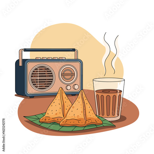 Enjoying traditional samosas with hot chai and vintage radio