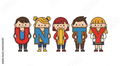 Vector SVG Illustration of Children Holding Letters Spelling UNIFY in Modern Flat Style with Bright Colors for Kids Education and Childrens Branding
